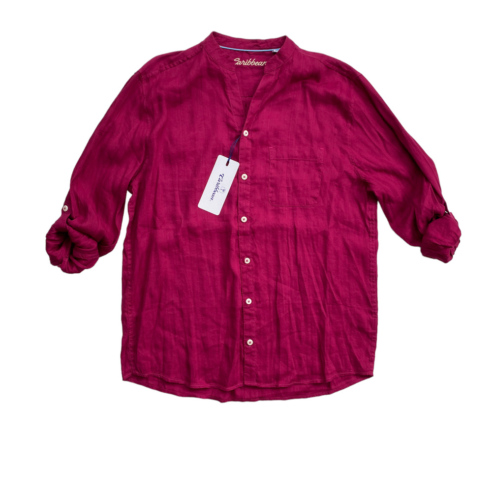 Caribbean Dark Berry Linen Rayon Tonal Stripe Long Sleeve Mandarin Collar Shirt